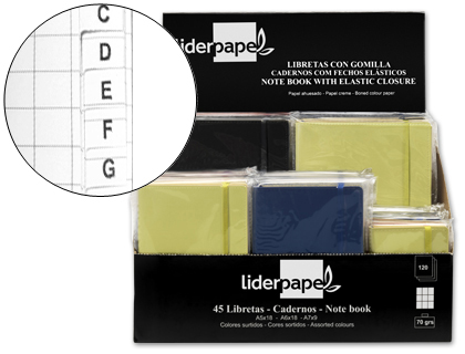 LIBRETA LIDERPAPEL SIMIL PIEL 120 HOJAS 70GR CUADRO 4MM + INDICE EXPOSITOR DE 45 UNIDADES COLORES SURTIDOS