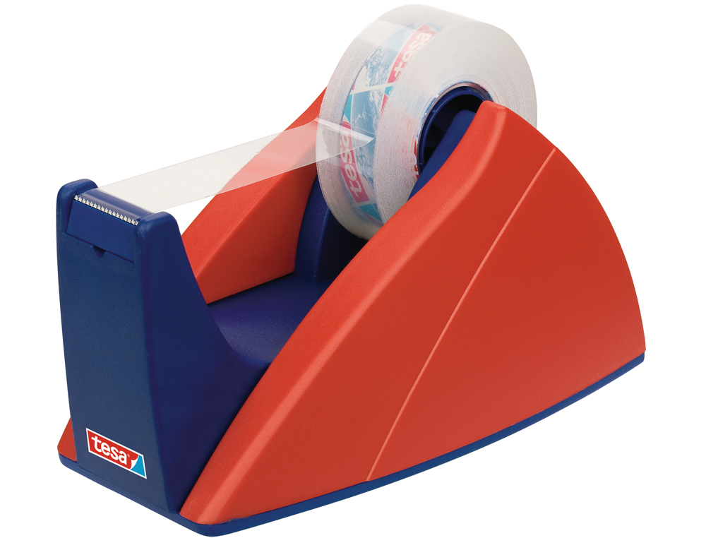 PORTARROLLO SOBREMESA TESA CON CUCHILLA DE CORTE RECTO PARA CINTAS DE 33 M COLOR AZUL/ROJO